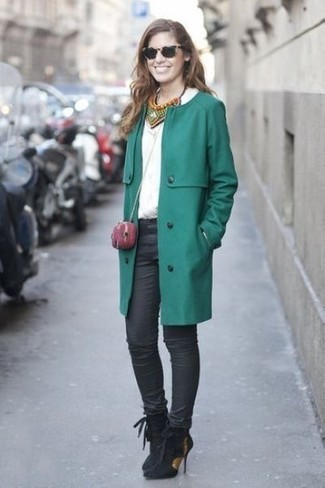 Women's Black Suede Ankle Boots, Black Skinny Jeans, White Button Down Blouse, Dark Green Trenchcoat