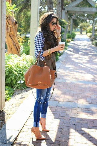 Women's Tan Leather Pumps, Blue Ripped Skinny Jeans, Navy and White Gingham Button Down Blouse, Dark Brown Vest