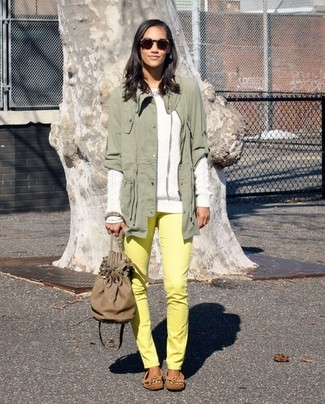 Women's Tan Leopard Leather Boat Shoes, Yellow Skinny Jeans, White Cable Sweater, Olive Anorak