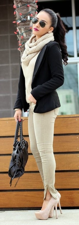 Beige Cable Sweater Outfits For Women: 