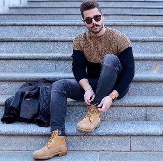 Men's Tan Suede Work Boots, Navy Skinny Jeans, Navy Cable Sweater, Black Quilted Leather Bomber Jacket