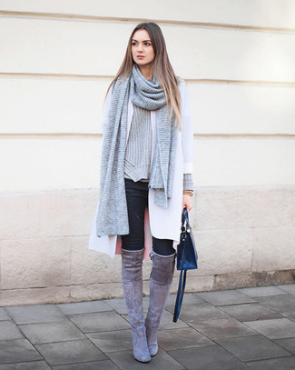 Women's Grey Suede Over The Knee Boots, Black Skinny Jeans, Grey Cable Sweater, White Coat
