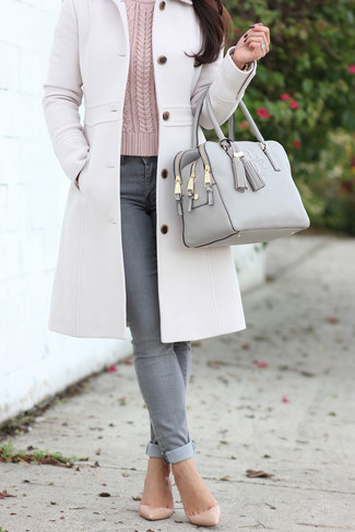 Women's Beige Leather Pumps, Grey Skinny Jeans, Pink Cable Sweater, White Coat