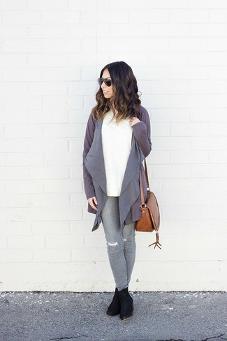 Women's Black Suede Ankle Boots, Grey Ripped Skinny Jeans, White Cable Sweater, Grey Open Cardigan