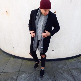 Men's Black Low Top Sneakers, Black Ripped Skinny Jeans, Grey Cable Sweater, Black Overcoat