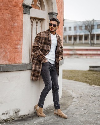 Men's Tan Suede Chelsea Boots, Charcoal Skinny Jeans, White Cable Sweater, Brown Plaid Overcoat