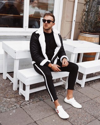 Men's White Leather Low Top Sneakers, Black and White Skinny Jeans, Black Cable Sweater, Black and White Shearling Jacket