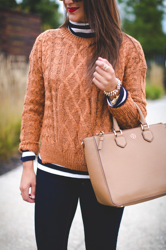 Tan Cable Sweater Outfits For Women: 