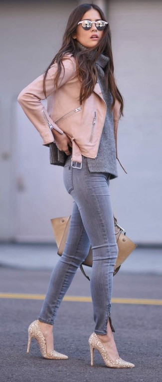 Women's Gold Sequin Pumps, Grey Skinny Jeans, Grey Cowl-neck Sweater, Pink Leather Biker Jacket