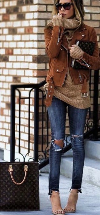 Tobacco Suede Biker Jacket Outfits For Women: 