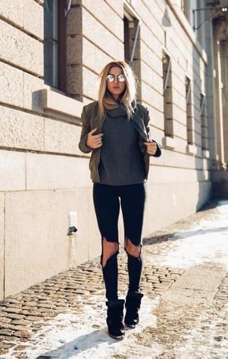 Women's Black Suede Wedge Sneakers, Black Ripped Skinny Jeans, Charcoal Cowl-neck Sweater, Olive Bomber Jacket