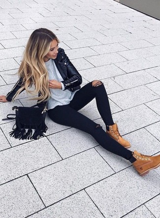 Women's Tobacco Suede Lace-up Flat Boots, Black Ripped Skinny Jeans, Grey Crew-neck Sweater, Black Leather Biker Jacket