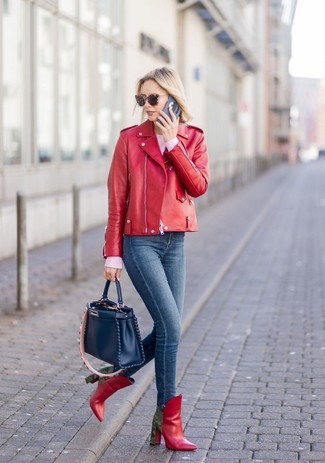Women's Red Leather Ankle Boots, Navy Skinny Jeans, Pink Crew-neck Sweater, Red Leather Biker Jacket