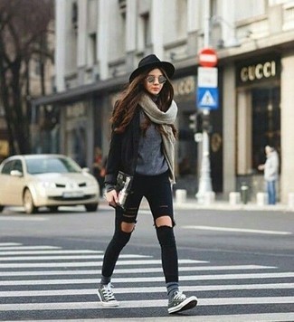 Grey Crew-neck Sweater with Black Blazer Outfits For Women: 