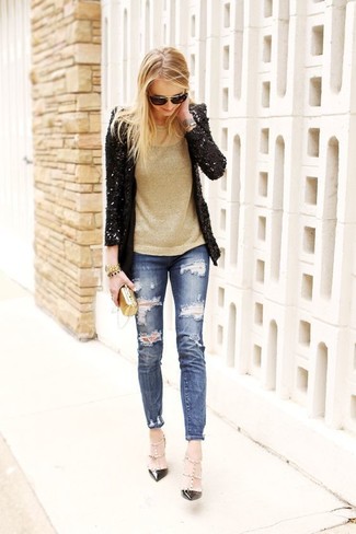 Women's Black Studded Leather Pumps, Blue Ripped Skinny Jeans, Gold Crew-neck Sweater, Black Sequin Blazer
