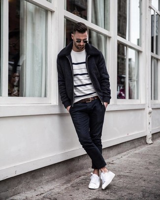 Black Wool Bomber Jacket Outfits For Men: 