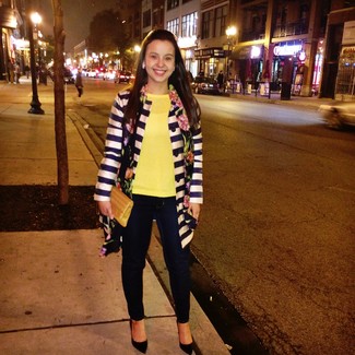 Women's Black Suede Pumps, Navy Skinny Jeans, Yellow Crew-neck Sweater, Navy and White Horizontal Striped Coat