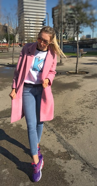 Women's Violet Athletic Shoes, Light Blue Skinny Jeans, White Print Crew-neck Sweater, Pink Coat