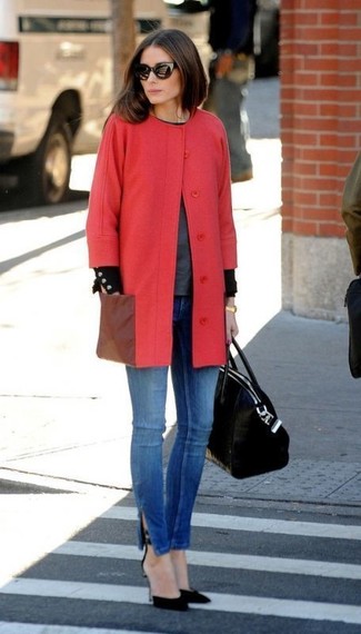 Olivia Palermo wearing Black Suede Pumps, Blue Skinny Jeans, Charcoal Crew-neck Sweater, Red Coat