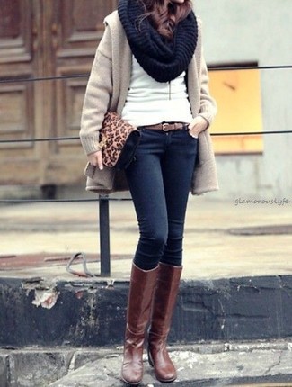 Women's Brown Leather Knee High Boots, Navy Skinny Jeans, White Crew-neck Sweater, Beige Coat