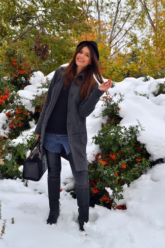 Black Suede Knee High Boots Outfits: 