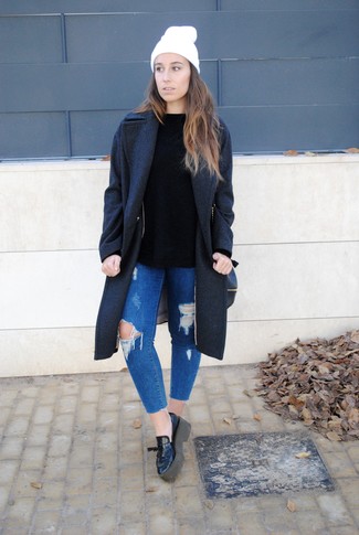 Women's Black Leather Platform Loafers, Blue Ripped Skinny Jeans, Black Crew-neck Sweater, Charcoal Coat