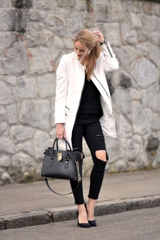 Women's Black Suede Pumps, Black Ripped Skinny Jeans, Black Fluffy Crew-neck Sweater, White Coat