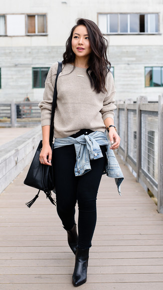Beige Crew-neck Sweater Outfits For Women: 
