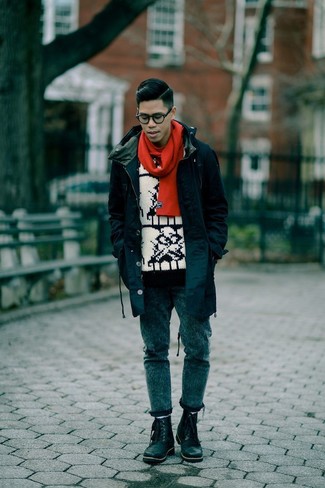 Men's Black Leather Brogue Boots, Navy Skinny Jeans, White and Black Print Crew-neck Sweater, Navy Fishtail Parka