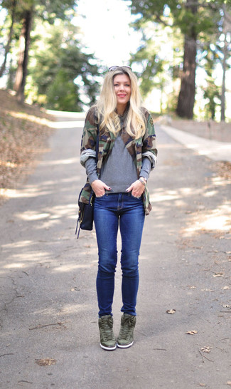 Olive Camouflage Military Jacket Casual Outfits: 