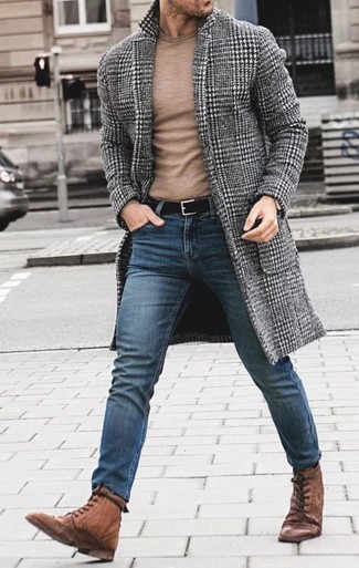 Men's Brown Leather Casual Boots, Blue Skinny Jeans, Tan Crew-neck Sweater, Grey Houndstooth Overcoat