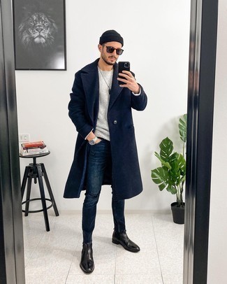 Men's Black Leather Chelsea Boots, Navy Ripped Skinny Jeans, Grey Crew-neck Sweater, Navy Overcoat