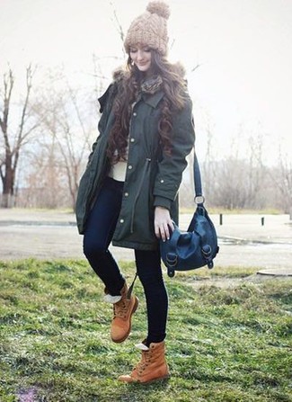 Women's Tan Leather Lace-up Flat Boots, Navy Skinny Jeans, Beige Crew-neck Sweater, Dark Green Parka