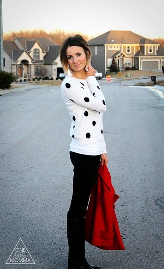 Women's Black Leather Knee High Boots, Black Skinny Jeans, White and Black Polka Dot Crew-neck Sweater, Red Pea Coat