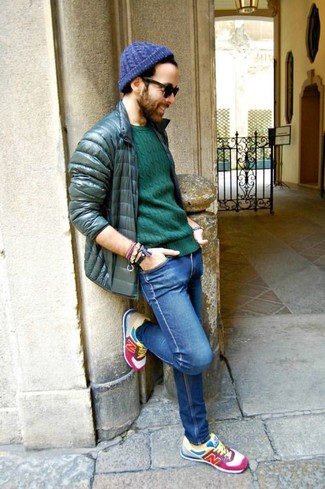 Men's Multi colored Athletic Shoes, Blue Skinny Jeans, Green Crew-neck Sweater, Dark Green Puffer Jacket