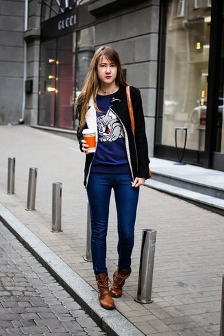 Navy Print Crew-neck Sweater Outfits For Women: 