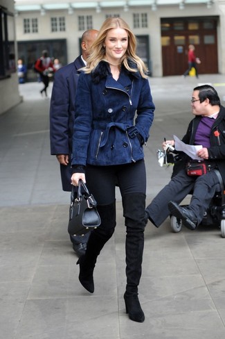 Rosie Huntington-Whiteley wearing Black Suede Over The Knee Boots, Black Skinny Jeans, Black Crew-neck Sweater, Navy Shearling Jacket
