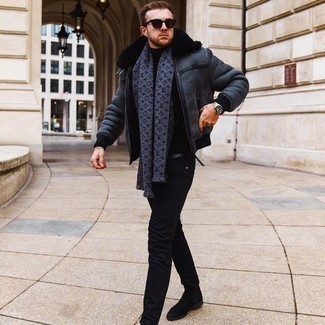Navy Shearling Jacket Outfits For Men: 