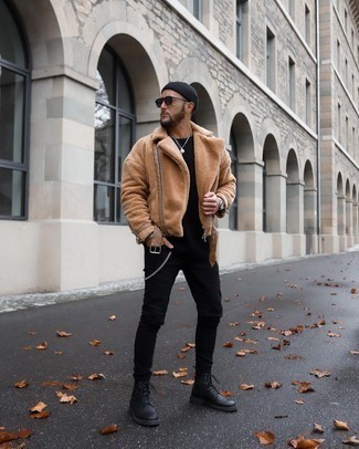 Men's Black Leather Casual Boots, Black Skinny Jeans, Black Crew-neck Sweater, Tan Shearling Jacket