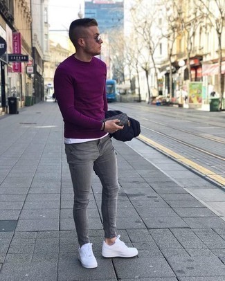 Purple Crew-neck Sweater Outfits For Men: 