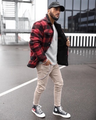 Men's Black Print Canvas High Top Sneakers, Beige Ripped Skinny Jeans, Grey Crew-neck Sweater, Red and Black Check Shirt Jacket