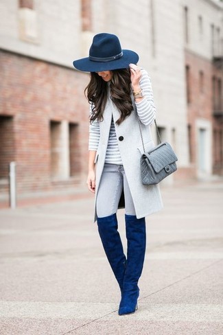 Navy Suede Over The Knee Boots Outfits: 
