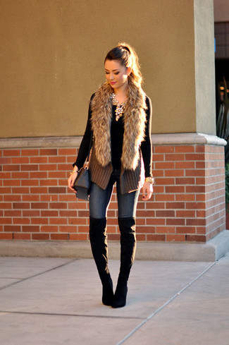 Black Crew-neck Sweater with Black Suede Over The Knee Boots Spring Outfits: 