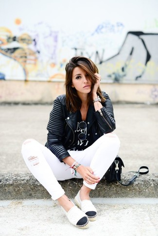 Black Biker Jacket with Espadrilles Outfits For Women: 