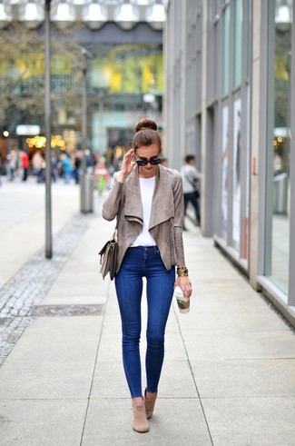 Women's Beige Suede Ankle Boots, Blue Skinny Jeans, White Crew-neck T-shirt, Grey Leather Biker Jacket
