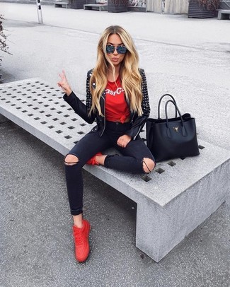 Women's Red Low Top Sneakers, Black Ripped Skinny Jeans, Red and White Print Crew-neck T-shirt, Black Studded Leather Biker Jacket