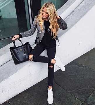 Women's White Leather Low Top Sneakers, Black Ripped Skinny Jeans, Black Crew-neck T-shirt, Grey Leather Biker Jacket