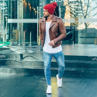 Burgundy Knit Beanie Outfits For Men: 