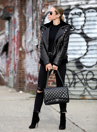 Black Leather Biker Jacket Fall Outfits For Women: 
