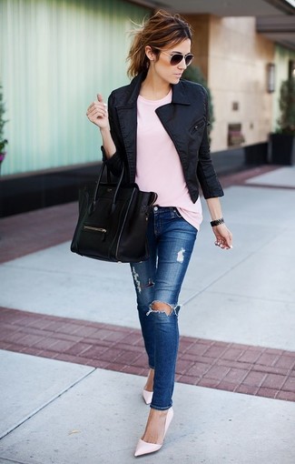 Black Biker Jacket with Pumps Outfits: 